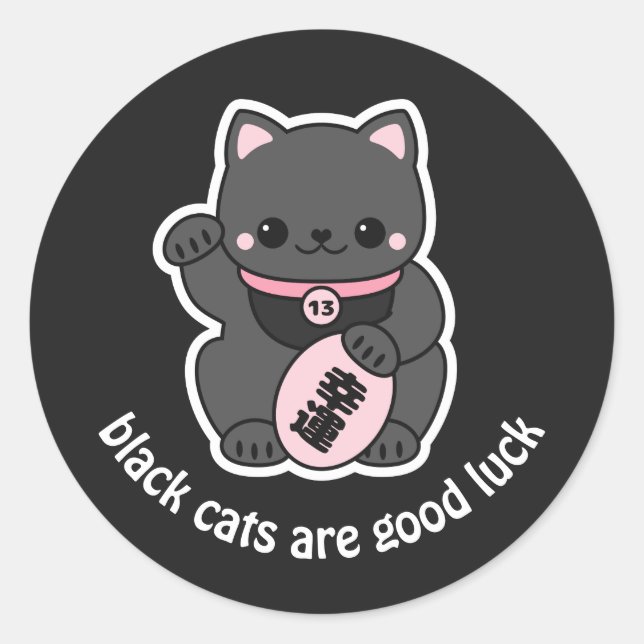 Black Maneki Neko Lucky Fortune Cat Classic Round Sticker (Front)
