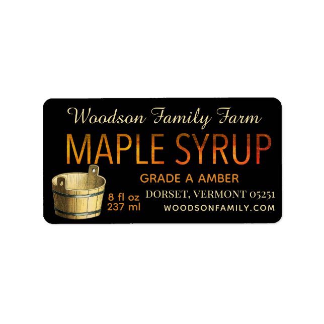 Black Maple Syrup Label with Gold Sap Bucket (Front)