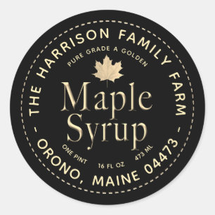 Black Maple Syrup Label with Gold Text and Leaf