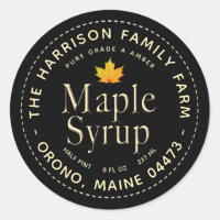 Black Maple Syrup Label with Gold Text and Leaf