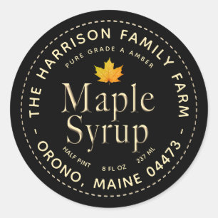 Black Maple Syrup Label with Gold Text and Leaf