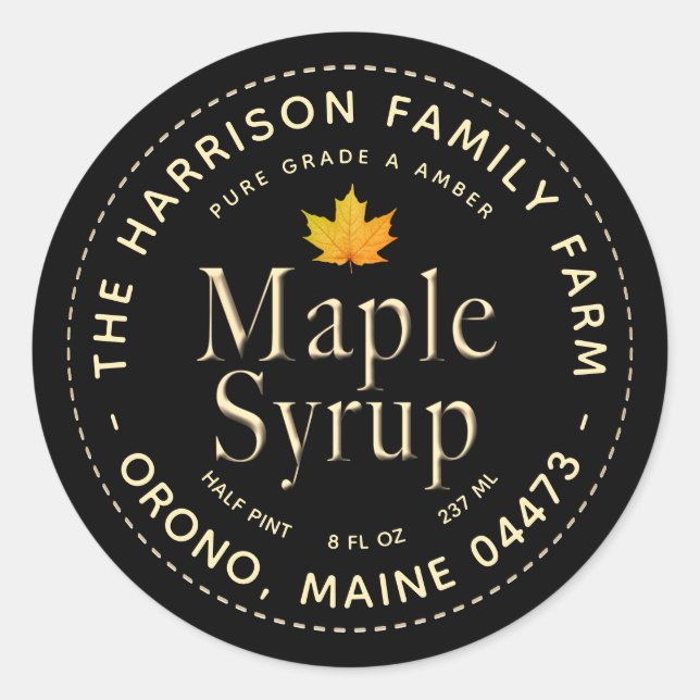 Black Maple Syrup Label with Gold Text and Leaf (Front)