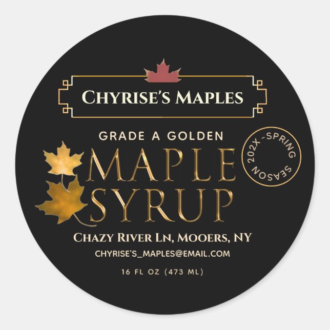 Black Maple Syrup Label with Leaf and Date (Front)