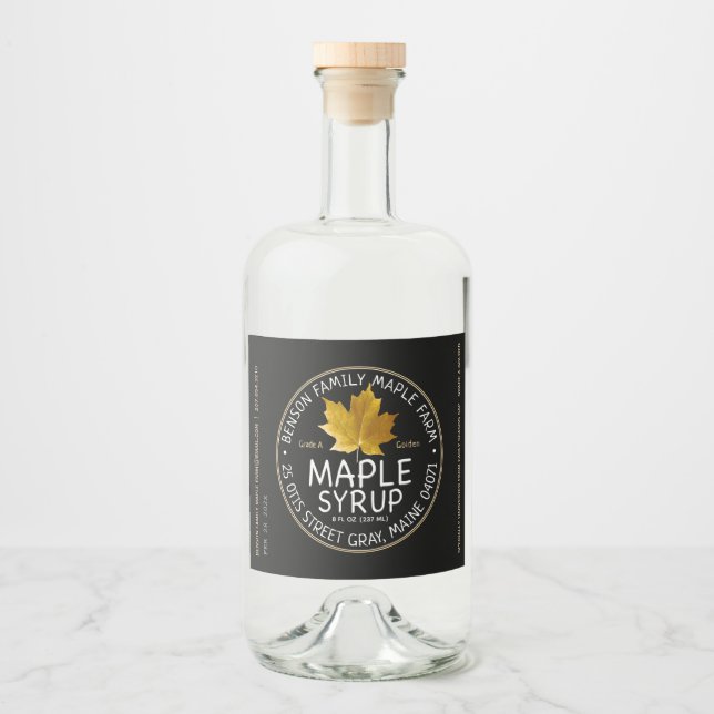Black Maple Syrup Label Yellow Sugar Maple Leaf (Front)