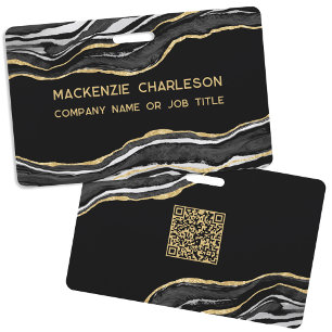 Black Marble Agate Geode Business QR Code Name Badge