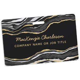 Black Marble Agate Geode Gold Business Name Badge