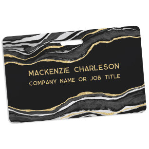 Black Marble Agate Geode Gold Business Name Badge