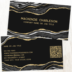Black Marble Agate Geode Gold Glitter QR Code Business Card