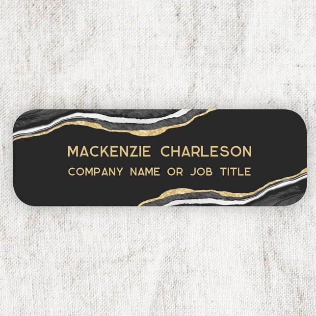 Black Marble Agate Gold Glitter Business Name Tag (Black marble agate geode gold effect modern business name badge or tag)