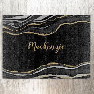 Black Marble Agate Gold Glitter Personalized Cutting Board