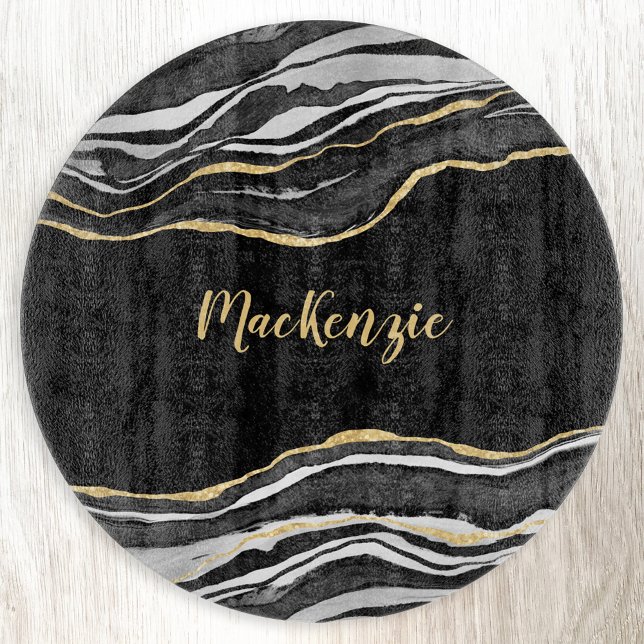 Black Marble Agate Gold Glitter Personalized Cutting Board (Black agate marble gold glitter effect personalized name cutting board)