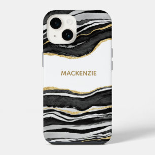 Black Marble Agate Gold Glitter Personalized iPhone 14 Case