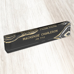 Black Marble Agate Gold Glitter Professional Nameplate