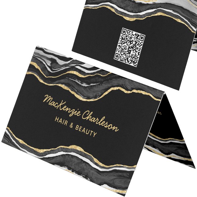 Black Marble Agate Gold Glitter QR Code Business Card (Black marble agate with faux gold glitter custom business card with QR code)