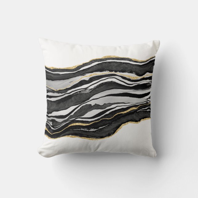 Black Marble Agate Gold Glitter Throw Pillow (Front)