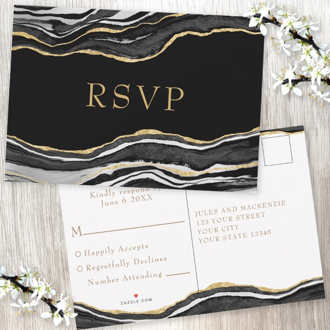 Black Marble Agate Gold Glitter Wedding RSVP Card (Creator Uploaded)