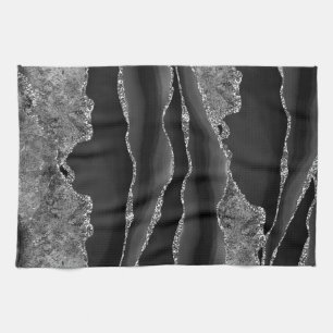 BLACK MARBLE AGATE SILVER GLITTER GLAM KITCHEN TOWEL