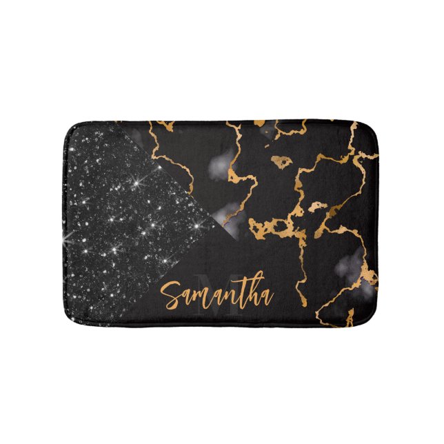 Black Marble and Glitter Bath Mat (Front)