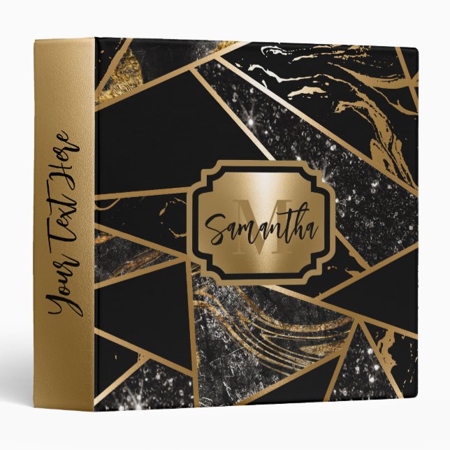 Black Marble and Glitter Geometric Mosaic Binder (Front/Spine)