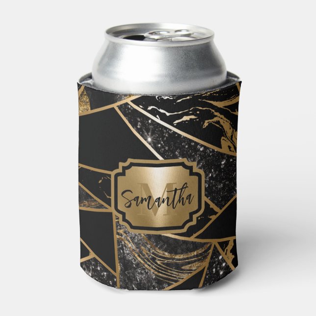 Black Marble and Glitter Geometric Mosaic Can Cooler (Can Front)
