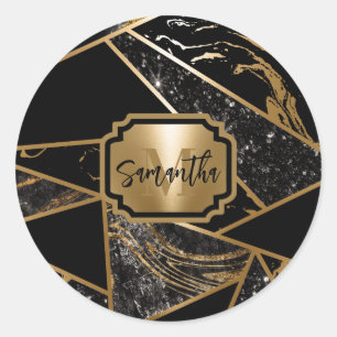 Black Marble and Glitter Geometric Mosaic Classic Round Sticker