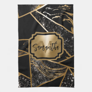 Black Marble and Glitter Geometric Mosaic Kitchen Towel