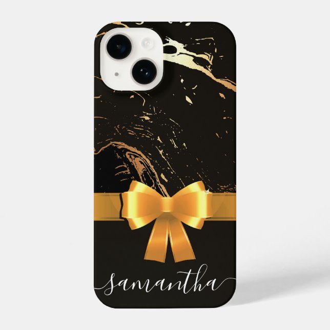 Black Marble and Ribbon iPhone Case (Back)