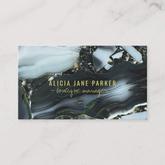 Black marble blue gold elegant modern unique business card (Front)