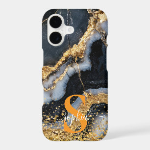 black marble chic gold glitter monogram