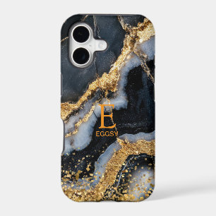 Black marble chic gold glitter monogram