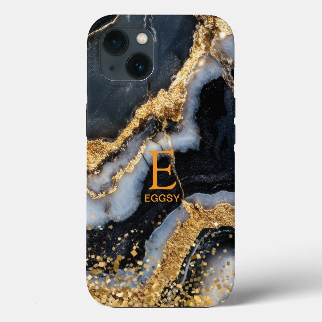 Black marble chic gold glitter monogram Case-Mate iPhone case (Back)