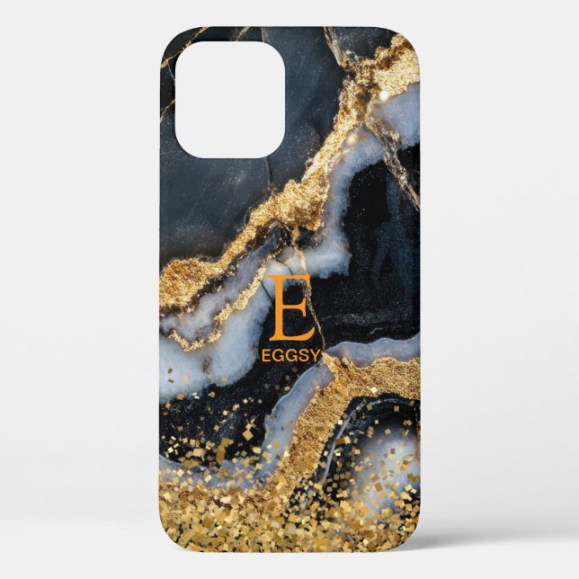Black marble chic gold glitter monogram Case-Mate iPhone case (Back)