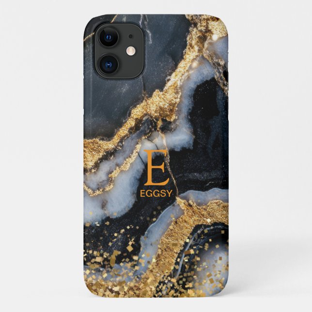 Black marble chic gold glitter monogram Case-Mate iPhone case (Back)