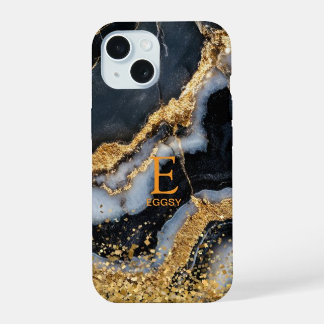 Black marble chic gold glitter monogram iPhone 15 case (Back)