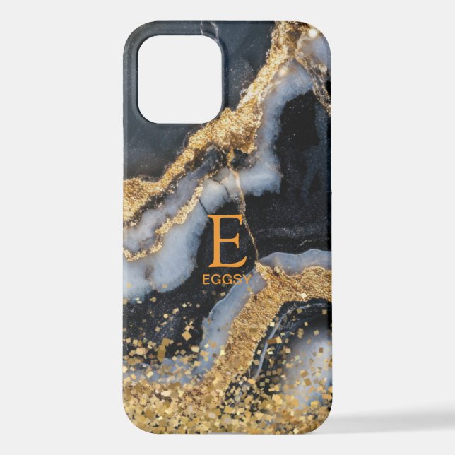 Black marble chic gold glitter monogram iPhone case (Back)