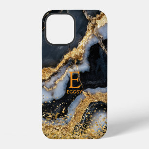 Black marble chic gold glitter monogram iPhone 12 case
