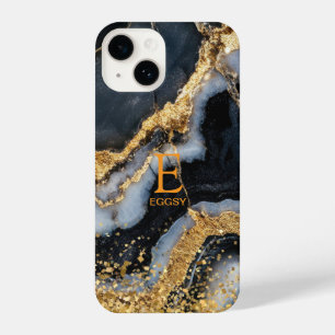 Black marble chic gold glitter monogram iPhone 14 case
