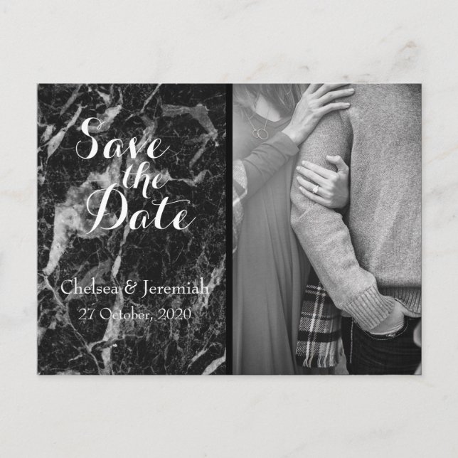 Black Marble Custom Photo Save the Date Postcard (Front)