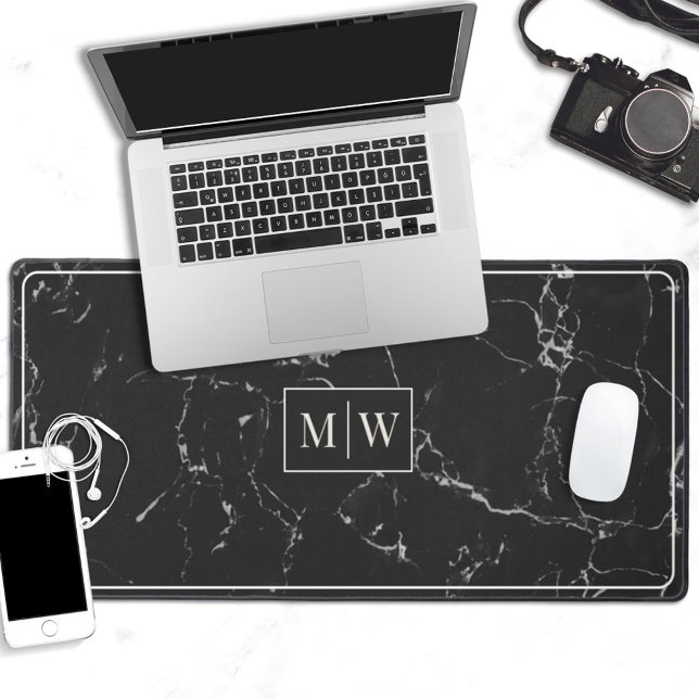 Black marble elegant monogram desk mat (Creator Uploaded)