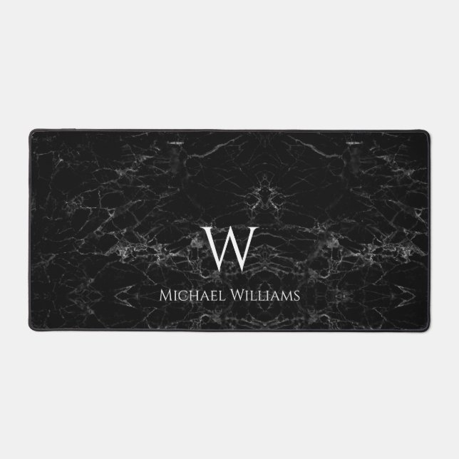 Black Marble Elegant Monogram Initial Name  Desk Mat (Front)