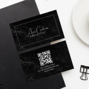 Black Marble ElegantScript QR CODE Black and White Business Card