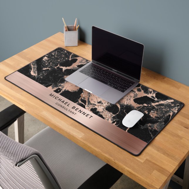 Black Marble Faux Rose Gold Metallic Business Desk Mat (Office 2)