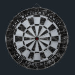 Black Marble Faux Silver Foil Family Name Classic  Dartboard<br><div class="desc">A classic dartboard design with alternating  black marble and faux silver foil triangles. There is a family name in the upper part and a message in the lower part,  both as arched texts in silvery grey caps.</div>