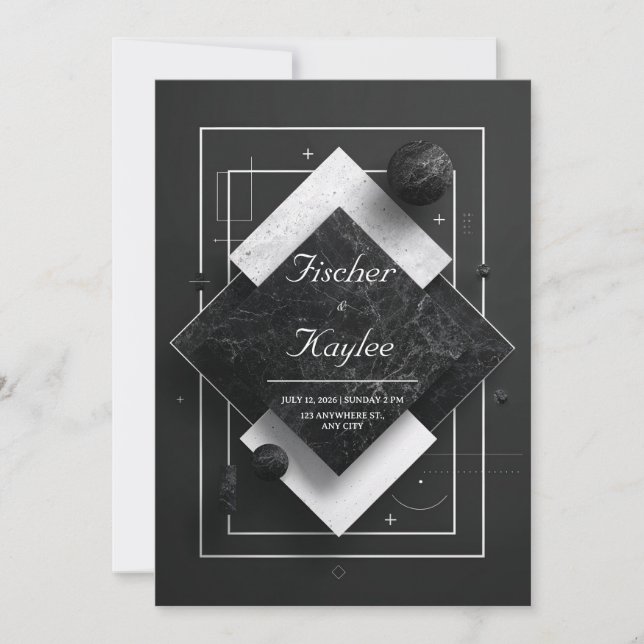Black Marble Geometric Layers Wedding Invitation (Front)