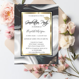 Black Marble Glitter Graduation Cap Graduation Invitation