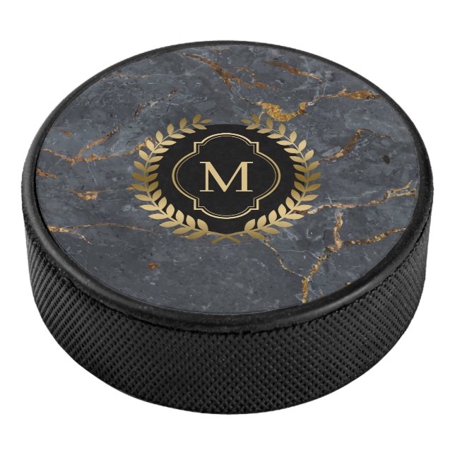 Black Marble Gold Badge Monogram Hockey Puck (3/4)