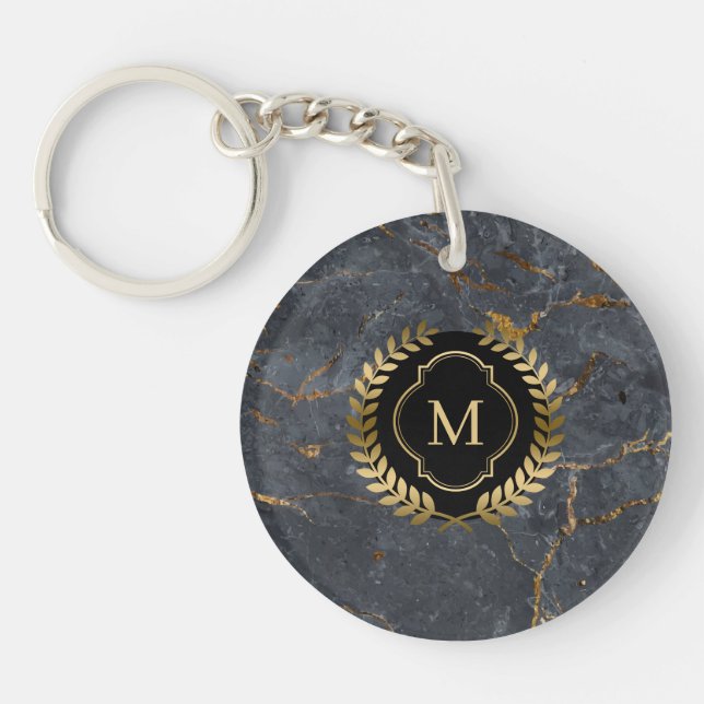 Black Marble Gold Badge Monogram Keychain (Front)