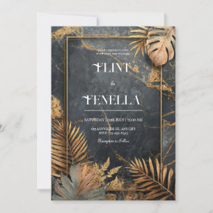 Black Marble Gold Foil Tropical Leaf Modern Weddin Invitation