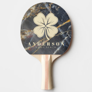 Black Marble & Gold Four Leaf Clover with Name Ping Pong Paddle