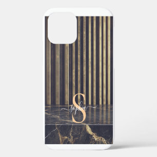 black marble gold glitter monogram iPhone 12 case